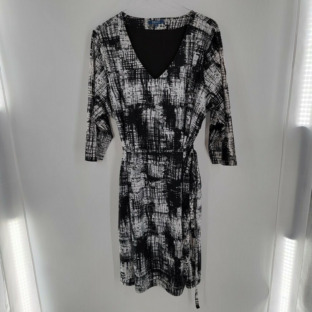 Kelly by Clinton Kelly Dress Womens 2X Black White Print V Neck Side Split Lined